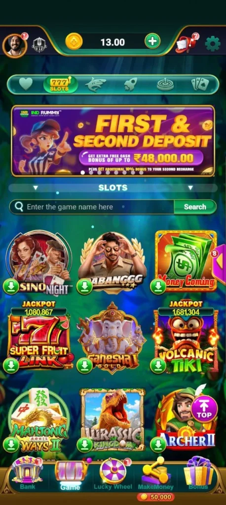 Mobile app showing Yono games library including Ind Rummy.